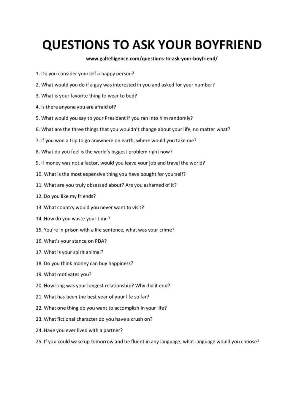 Downloadable and Printable List of Questions - Questions to Ask Your Boyfriend