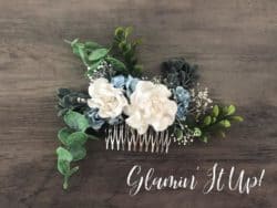 Dusty Blue and White Flower Hair Comb with Greenery