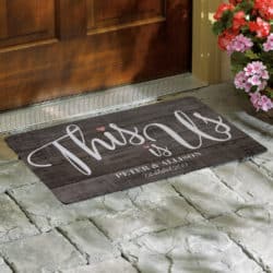 black Personalized This is Us Wedding Doormat on a door step