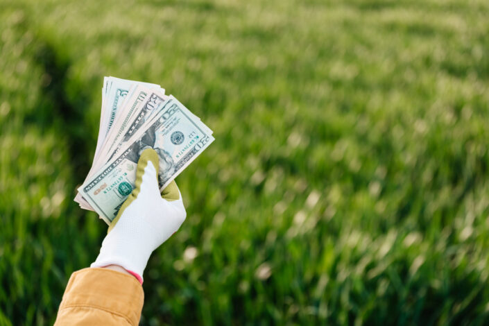 Woman holding out cash dollar bills.