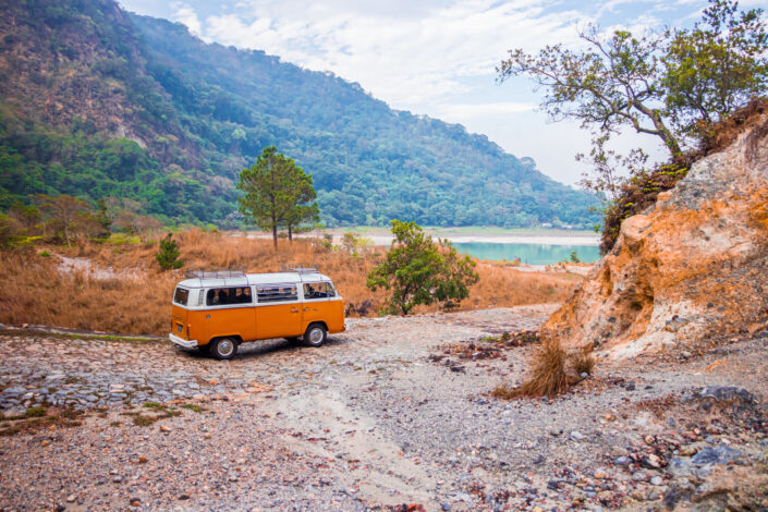 A vintage mini bus in the middle of nowhere.