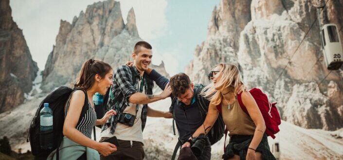 Friends having a hilarious moment while travelling.