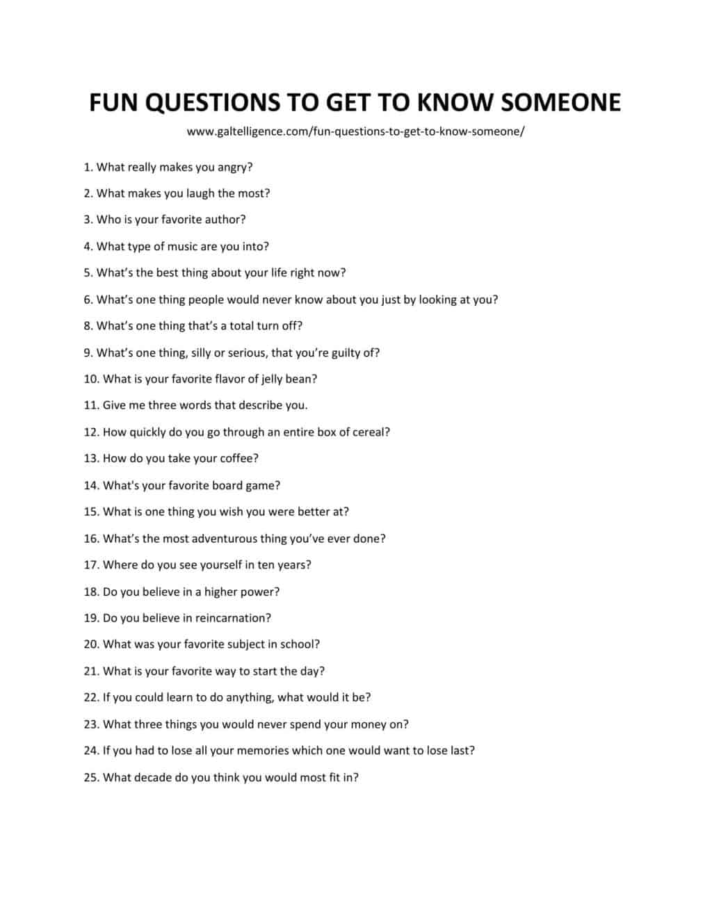 Downlodable and printable lis of fun questions to get to know someone as jpg or pdf