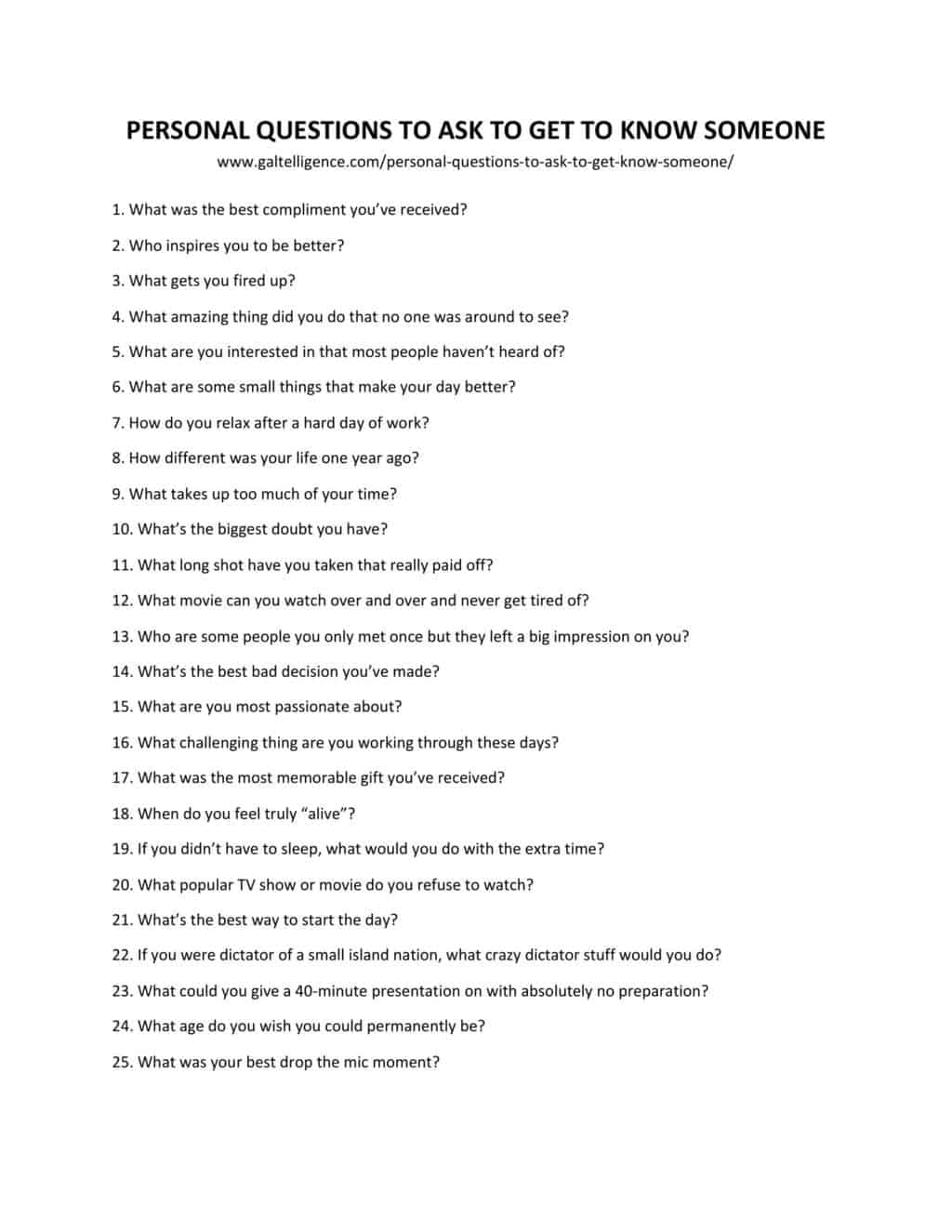 Downloadable and printable list of personal questions to ask to get to know someone