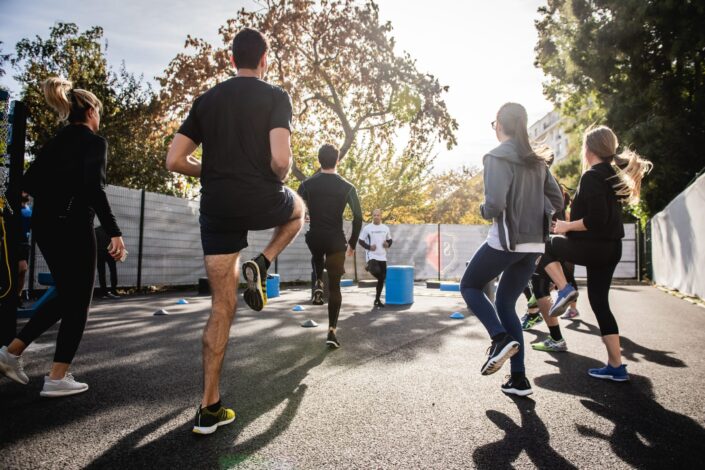 A group of people jogging in place