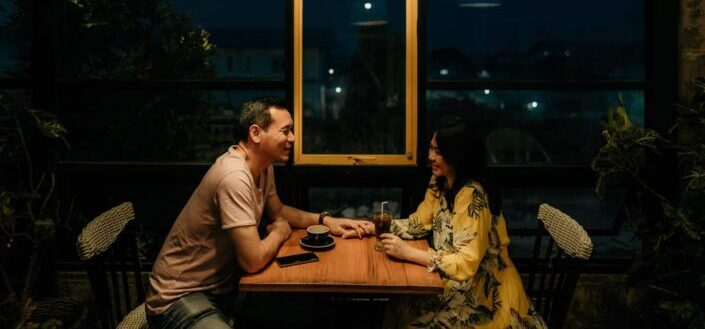 lovely couple dating on a romantic restaurant