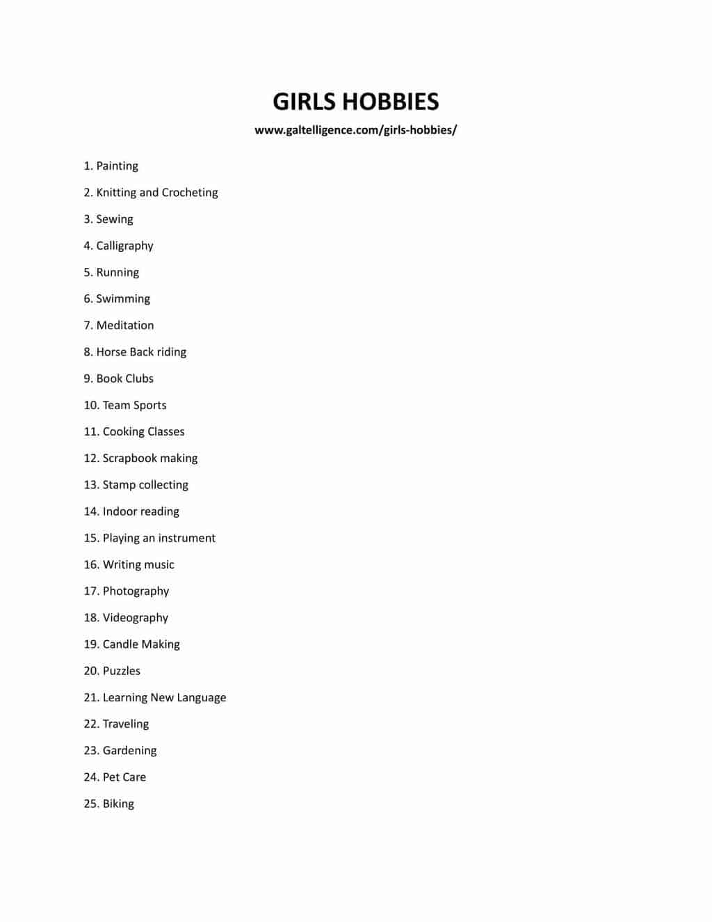 Downloadable list of hobbies