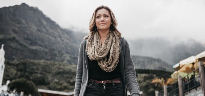 Girl walking around a mountain village