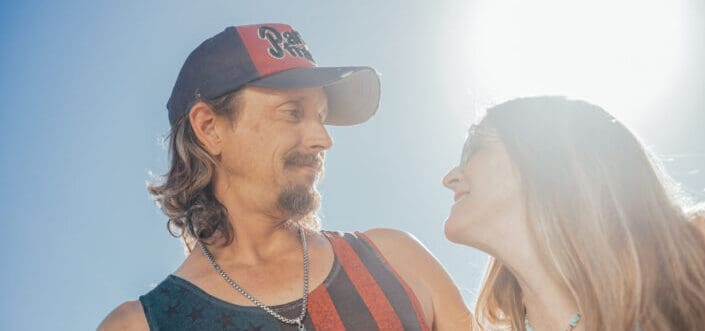 A man and woman looking at each other
