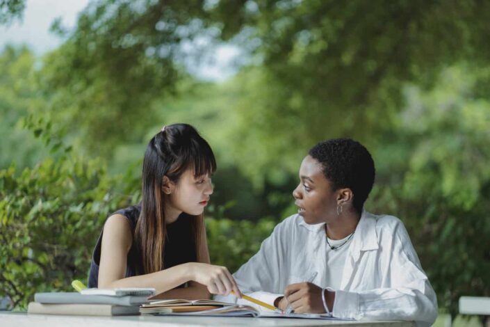 female students working on college project in park