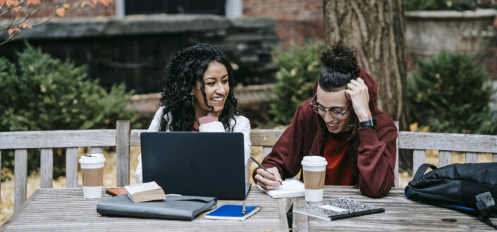 Students Working Together With Laptop in the Park