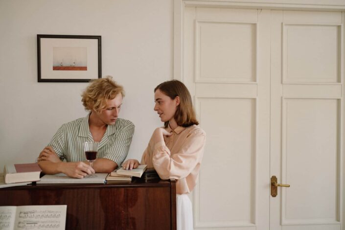 A man and woman talking together