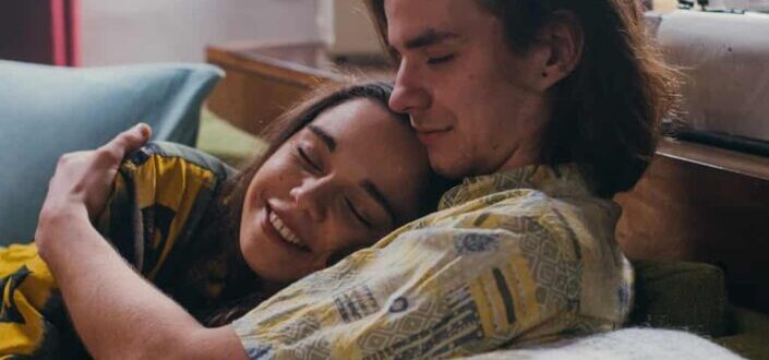 A romantic couple cuddling