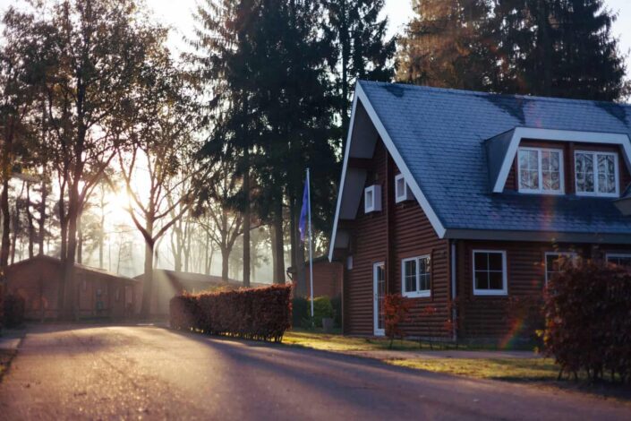 Brown house with blue roof